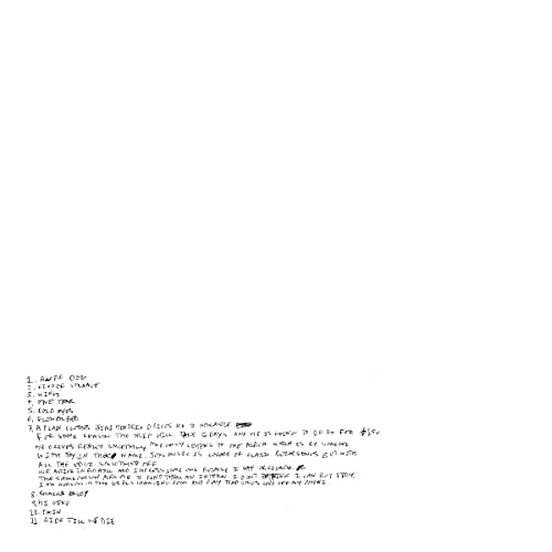 Black and white vinyl record label with song titles listed vertically.