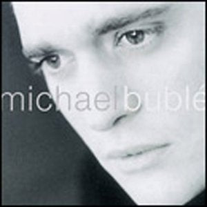 Close-up black and white portrait of Michael Bublé, CD cover art.