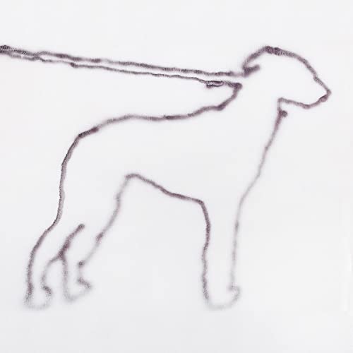 White background with a minimalist, dark purple line drawing of a dog.