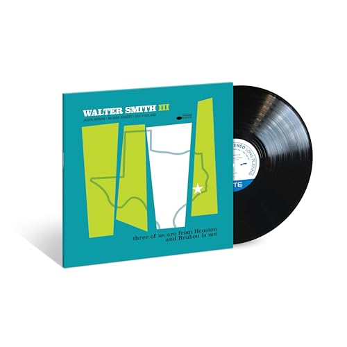 Vinyl record and cover art featuring Texas shapes in green and blue.