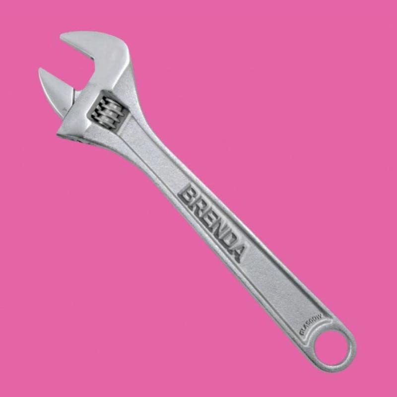 Silver adjustable wrench with "Brenda" embossed on the handle, pink background.