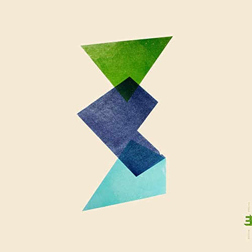 CD cover with abstract geometric shapes in shades of blue and green.