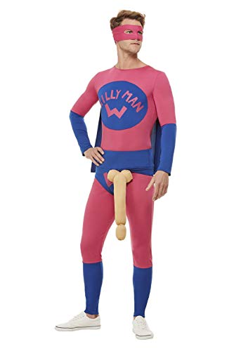Smiffys 61038L Willyman Superhero Costume, Men, Pink & Blue, L - Size 42"-44"