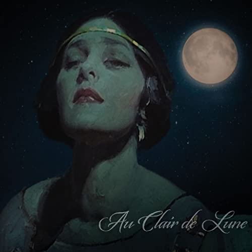 Painting of a woman with closed eyes under a full moon.
