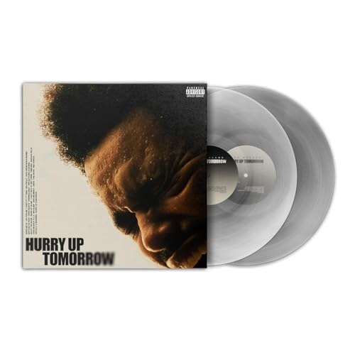 The Weeknd's "Hurry Up Tomorrow" clear vinyl record and album cover.