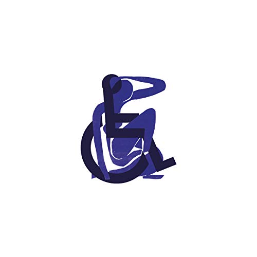 Abstract blue and white image of a person in a wheelchair.