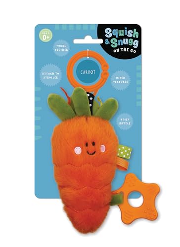 Orange carrot baby toy with green leaves, attached to a blue card.