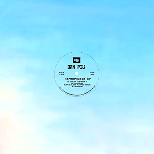 Vinyl record label for "Piu Dan - Hypnophobia" against a blue, cloudy background.
