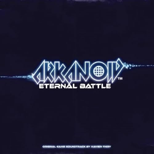 Arkanoid Eternal Battle logo in bright blue on dark textured background.