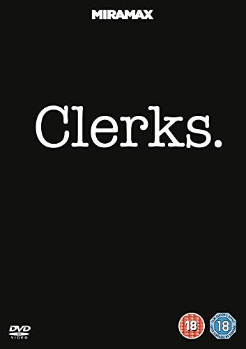 Black DVD cover with white "Clerks" text and age rating symbols.