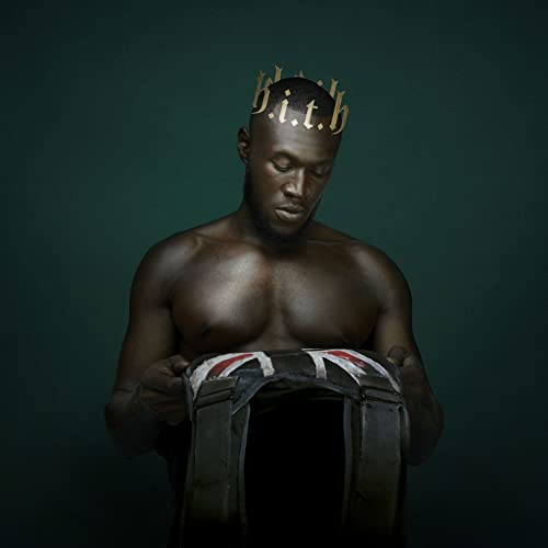Stormzy album cover: shirtless man with golden crown and Union Jack.