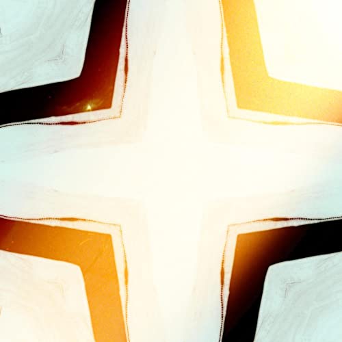 Abstract album art with white, orange, and black geometric shapes.