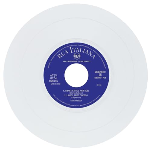 White vinyl record label with blue center, featuring Elvis Presley’s name.