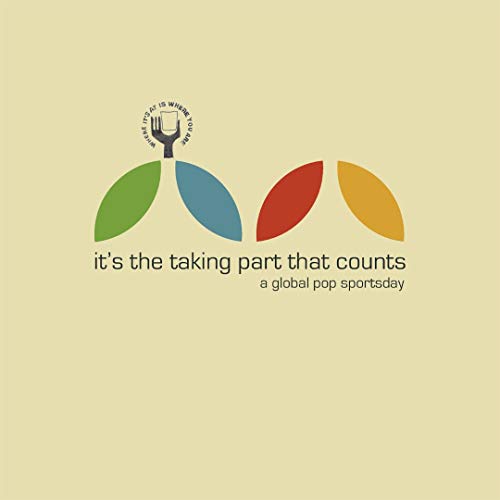 Beige background with colorful abstract shapes and text: "It's the taking part that counts.