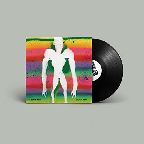 Vinyl record with album art featuring a blurred, white figure and colorful stripes.