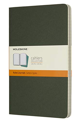 Moleskine Cahier Journal, Set 3 Notebooks With Ruled Pages, Cardboard Cover With Visible Cotton Stiching, Colour Myrtle Green, Large 13 X 21 Cm, 80 Pages