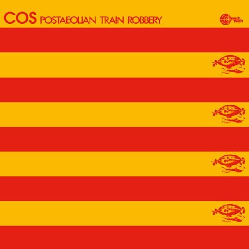 Vinyl record cover: yellow and red stripes with repeated chicken images.