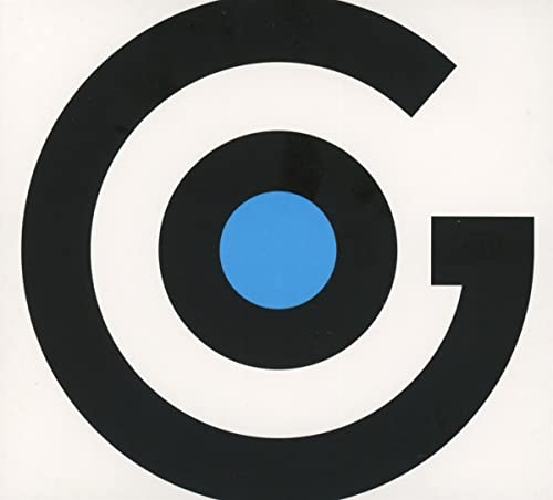 Black and white circular design with a small blue center dot.