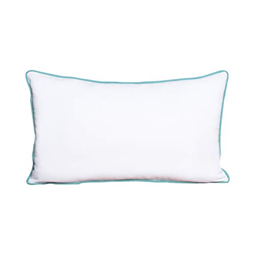 White rectangular pillow with a light blue stitched edge.