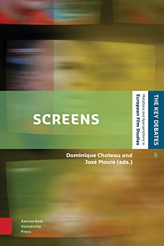 Book cover for "Screens" with abstract colorful screen imagery.