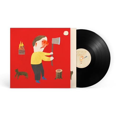 Black vinyl record partially pulled from a red album cover featuring a stylized figure.