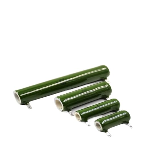 Green cylindrical resistors with metal leads arranged in descending size.