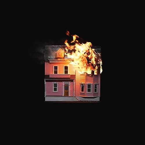Pink dollhouse engulfed in flames against a black background.