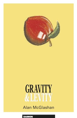 Book cover with a red apple on a yellow background, titled Gravity & Levity.