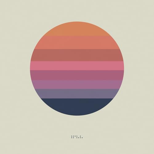 A beige background with a large circle containing horizontal stripes of sunset-colored gradients.