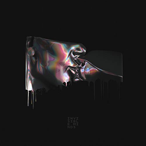 Abstract face sculpture with iridescent sheen and dripping effect on black background.