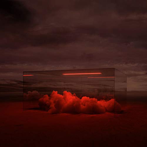 Red smoke below a mirrored cube against a stormy, dark sky.