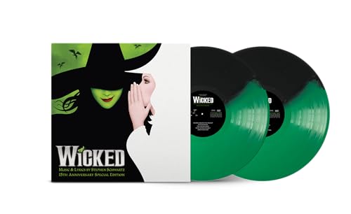 “Wicked” double vinyl record with green and black swirl, featuring a witch’s hat.