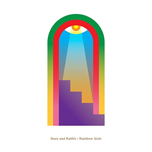 Rainbow archway with stairs leading to a glowing yellow eye.