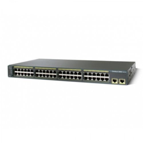 Black network switch with numerous ports and indicator lights.