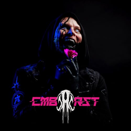 Hooded figure with distorted face and bright pink neon text “CMBCRST”.