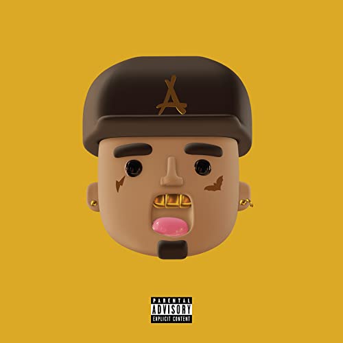 Cartoon head of Kid Ink wearing a cap, gold teeth, yellow background.