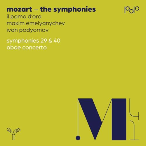CD cover for Mozart symphonies and oboe concerto, yellow and navy design.