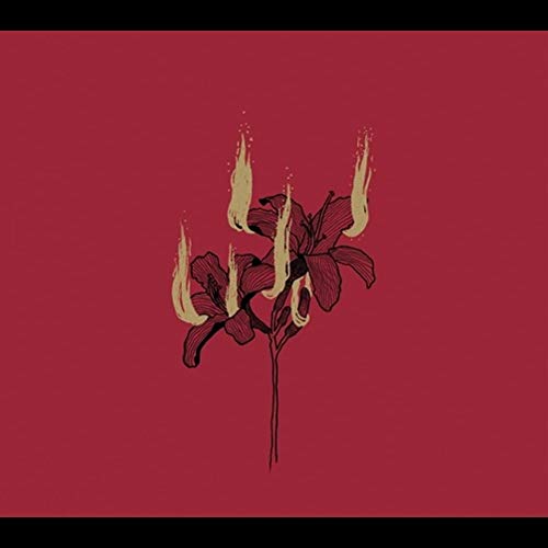 Red album cover with a black and gold illustration of burning flowers.