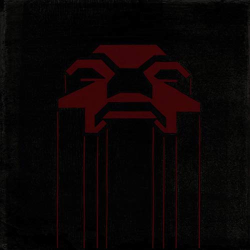 Red abstract face with dripping lines on a black background.