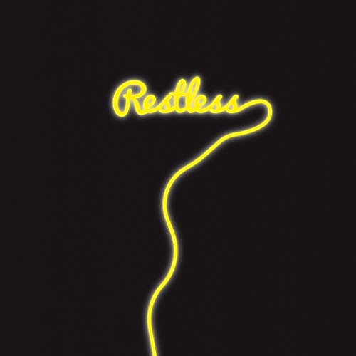 Yellow neon sign spelling "Restless" against a black background.
