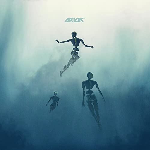 Three robotic figures float in a hazy blue environment with bright light above them.