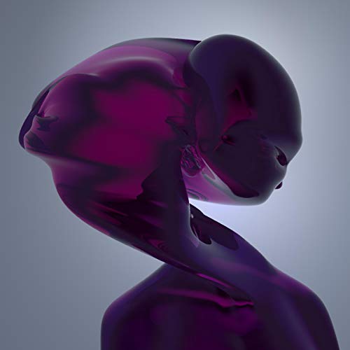 Abstract 3D render of a purple, faceless figure in a coiled pose.