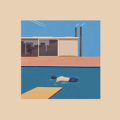 Painting of a house, swimming pool, and a person floating in water.