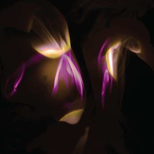 Dark abstract album cover with swirling purple and yellow light shapes.