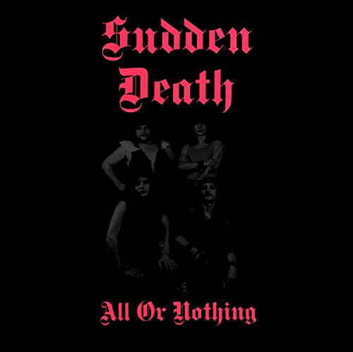 Black and white photo of four people with red text: "Sudden Death".