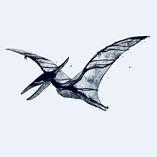 Black and white illustration of a pterodactyl with outstretched wings.