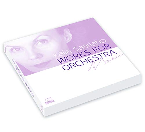 CD case for Kaija Saariaho’s “Works for Orchestra” with a portrait.