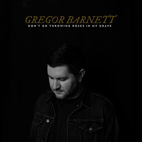Black and white album cover featuring musician Gregor Barnett in a denim jacket.
