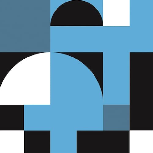 Abstract geometric album art with blue, black, and white shapes.