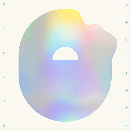 Abstract iridescent shape with white semicircle on pale background.